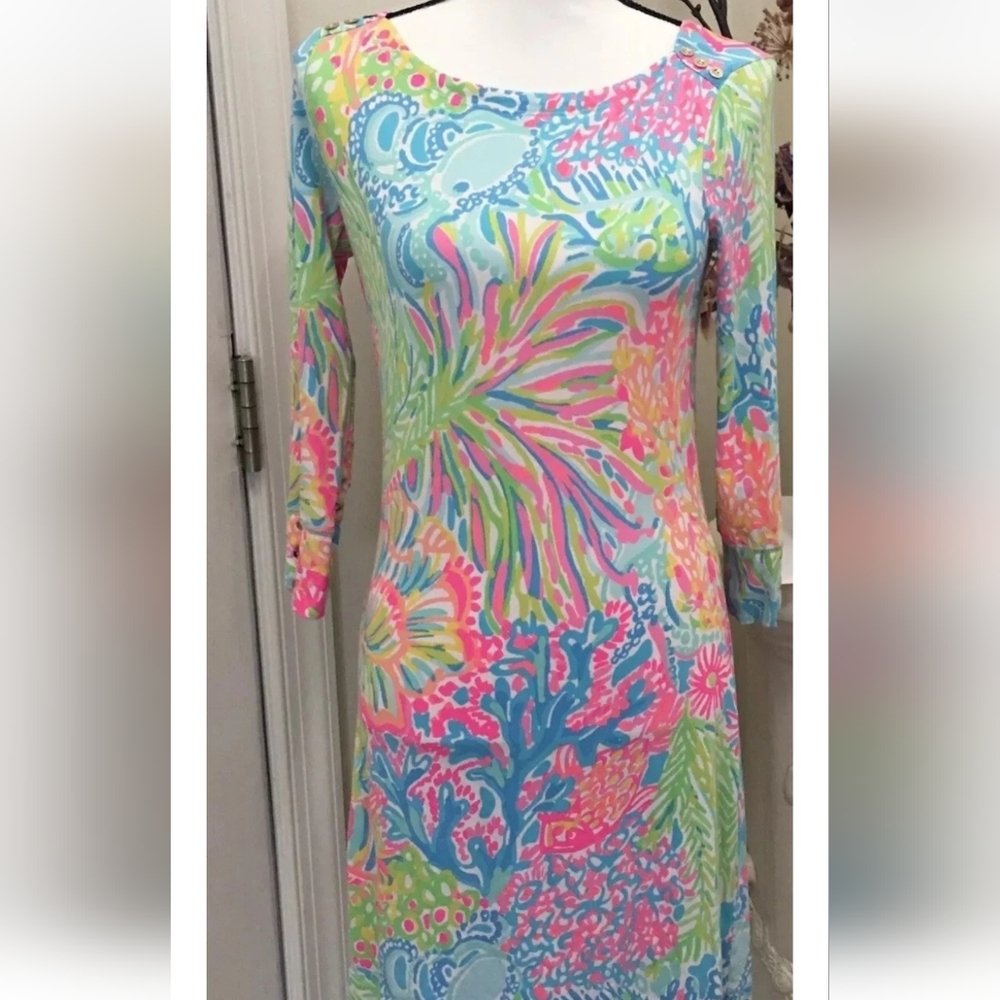 Lilly Pultizer Dress Sophie XS- SM Multicolor Bright Pink Green Blue Stretch
